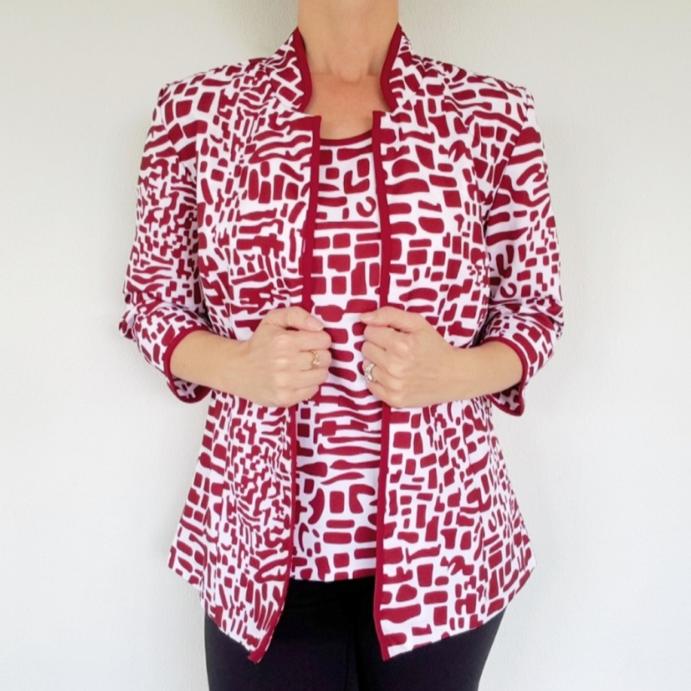 Salon Studio maroon white abstract print matching jacket top set MP